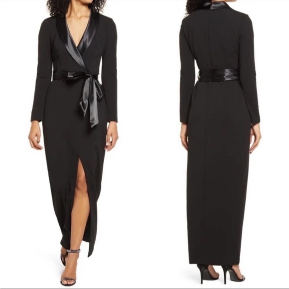 ELIZA J Long Sleeve Black Satin Collar Tuxedo Gown size 4 - Picture 6 of 6